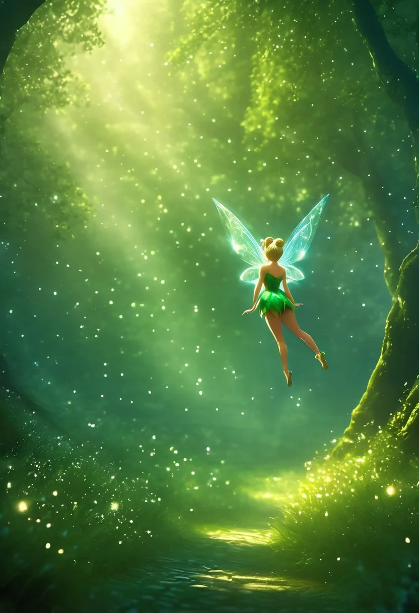 score_9, score_8_up, score_7_up, absurd-res, high-res, masterpiece, best quality, amazing quality, ((realistic)), 1girl, Tinker Bell, full-body portrait, hovering in mid-air with a sexy and seductive pose, head tilted slightly with a mischievous smirk, sparkling blue eyes making direct eye contact, delicate translucent fairy wings glowing with golden light, wearing her skin tight classic short green leaf dress, elegant bare shoulders, toned legs, toned arms, toned abbs, small perfect perky breasts, soft golden skin with a gentle shimmer, blonde hair in a stylish bun with loose strands framing her face, surrounded by glowing pixie dust, forest background with magical lighting, vibrant glowing plants and flowers, sexy and seductive atmosphere, cinematic lighting, ultra detailed textures, soft focus background, fantasy illustration style, 4K resolution, high detail, sensual but tasteful, confident and feminine energy dynamic angle, dynamic pose, hdr, sparkles, light particles, volumetric lighting, dark background <lora:More_interesting_backgrounds:1>  <lora:Tinkerbell_-_Disney_Illustrious:1>