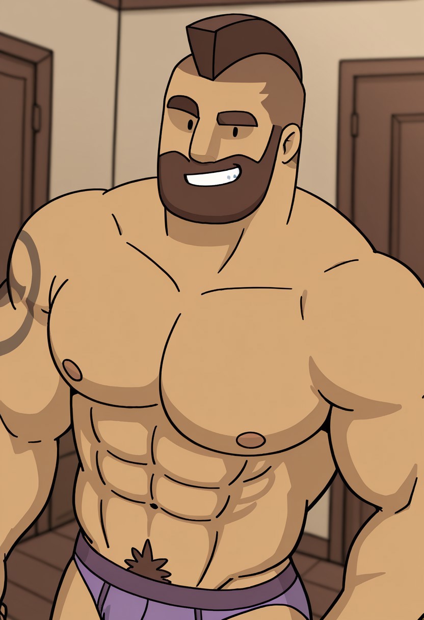 detailed background, detailed background, masterpiece, perfect quality, best quality, detailed, newest, very aesthetic, HanthRMA, facial hair, short hair, bara, solo, beard, smile, brown hair, 1boy, male focus, indoors background, pectorals, abs, muscular, smile, looking at viewer toppless male, purple underwear, raised eyebrow, black dot eyes