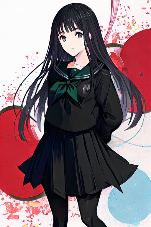 Rinne byuakuya, long hair, black hair, black eyes, small breasts, black serafuku, green necktie, black skirt, pantyhose