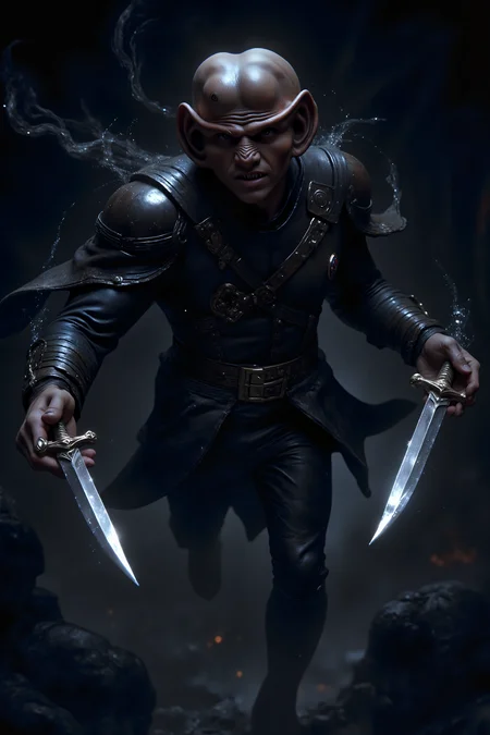 A hyper-realistic portrait, photorealistic photo close-up image of A ferengi assassin, shrouded in shadows, leaps through the air. His hands, gripping twin, curved daggers, are a blur as he slices through the air, moving with lethal precision. His angular face is set in a cold, calculating expression, lips pressed into a thin line as he executes his deadly maneuver. His dark leather armor clings tightly to his lithe form, almost blending into the surrounding darkness, while the sharp edges of his blades catch the faint, flickering light of a distant torch. Sweat glistens on his brow, and thereâs a glint of something predatory in his eyes. Behind him, faint, swirling wisps of magical darkness seem to follow his movements, almost as if the shadows themselves obey his command. His body is perfectly poised, frozen in mid-air, as the moment of his strike draws near.(photography, high-resolution, dynamic, energetic,hyper-realistic, dramatic lighting, shallow depth of field.), MythP0rt<lora:DnDDarkestFantasy:0.5><lora:FluxMythP0rtr4itStyle:0.75><lora:Dever_Flux_Enhancer:0.5><lora:Aura_Flux-000010:0.6><lora:ferengiV1_FLUX>