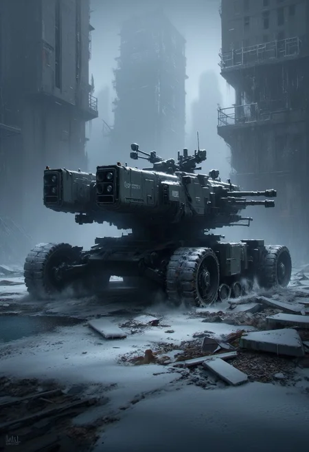 photorealistic highly detailed image of a colossal mobile fortress, running on tank caterpillar tracks, bristling with guns and rocket launchers, moving slowly through snow covered city ruins during a snowstorm, snowin the air, dark night, silhouetted, chiascuro, directional lighting