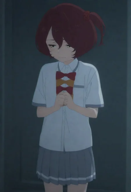 masterpiece, best quality, amazing quality,,, shiny skin,,,,,,anime coloring,anime screencap, ,, official art,,,,, <lora:Komari_Illustrious:0.9> komari_chika, yellow_eyes, brown_hair, short_hair, one_side_up,, school_uniform, white_shirt, collared_shirt, bow, pleated_skirt, grey_skirt, short_sleeves,