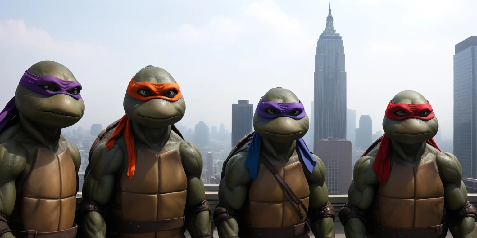 TMNTGroup, a group of  four teenage mutant ninja turtles, with red and blue and orange and purple bandana masks with eye-holes, standing on a city rooftop during the day, skyscrapers and rooftops and day sky in the background, <lora:TMNT_Turtles_AIO_SDXL-000009:1>