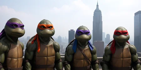 TMNTGroup, a group of four teenage mutant ninja turtles, with red and blue and orange and purple bandana masks with eye-holes, standing on a city rooftop during the day, skyscrapers and rooftops and day sky in the background, <lora:TMNT_Turtles_AIO_SDXL-000009:1>