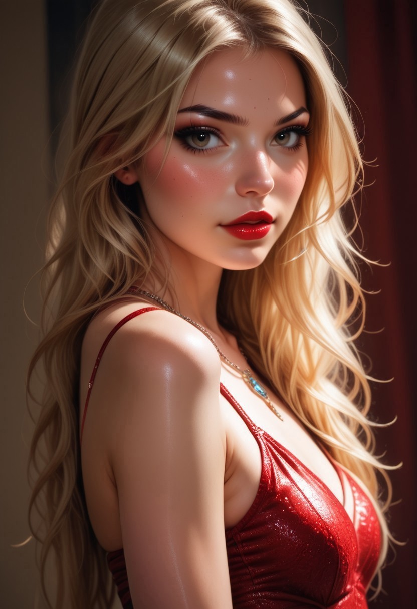 safe_pos, score_9, score_8_up, score_7_up, score_6_up, score_5_up, score_4_up, rating_safe, skindentation, source_realistic, prefect face, SWF portrait of leu_hanna_1, a super model, Expressiveh, blonde wet hair, waxed long hair, lace, crochet, (((fully clothed))), red elegant dress with breast and neck covered, ballroom, necklace with ruby, posing. looking at the viewer. light brown eyes. brown red lips. red colored nails. (ultra realistic skin:1.7).