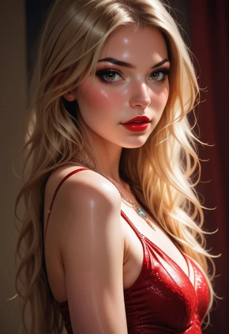 safe_pos, score_9, score_8_up, score_7_up, score_6_up, score_5_up, score_4_up, rating_safe, skindentation, source_realistic, prefect face, SWF portrait of leu_hanna_1, a super model, Expressiveh, blonde wet hair, waxed long hair, lace, crochet, (((fully clothed))), red elegant dress with breast and neck covered, ballroom, necklace with ruby, posing. looking at the viewer. light brown eyes. brown red lips. red colored nails. (ultra realistic skin:1.7).