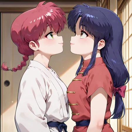masterpiece,best quality,amazing quality,very aesthetic,absurdres,newest, huge filesize,
<lora:spo_sdxl_10ep_4k-data_lora_webui:0.5>,
<lora:add-detail-xl:1>
1girl ranma, long_hair,red_hair, braided_ponytail, green eyes, 
1girl akane, low-tied_long_hair, sidelocks, blue_hair, hair_bow,  brown_eyes
 (from side,side view), seductive smile, 
open clothes,  looking each other, looking up, focus on face, heads at center of frame