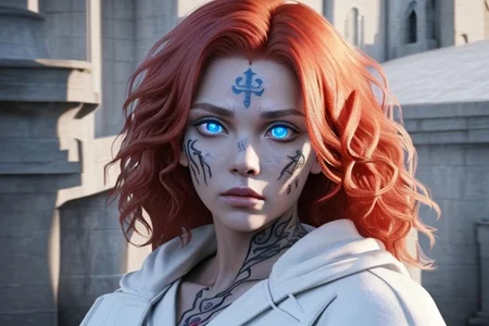 bright red hair, human female, (feminine:1.7), (beautiful face, detailed face:1.6), (beautiful eyes, detailed eyes:1.7), (looking at viewer, eye contact, intense:1.6), (long hair, red hair, curly hair:1.3), , ((masterpiece, best quality, high resolution, realistic, best quality,)), photo realistic, Perfect Face, (detailed face). <lora:GoodHands-vanilla:0.6> <lora:add-detail-xl:0.8>, mage, (Dress White military uniform coat), dagger, rune dagger, glowing runes, , (((glowing magic symbols tattoos, religious tattoos))), ((face tattoos)), glowing tattoos, stone tower in the background