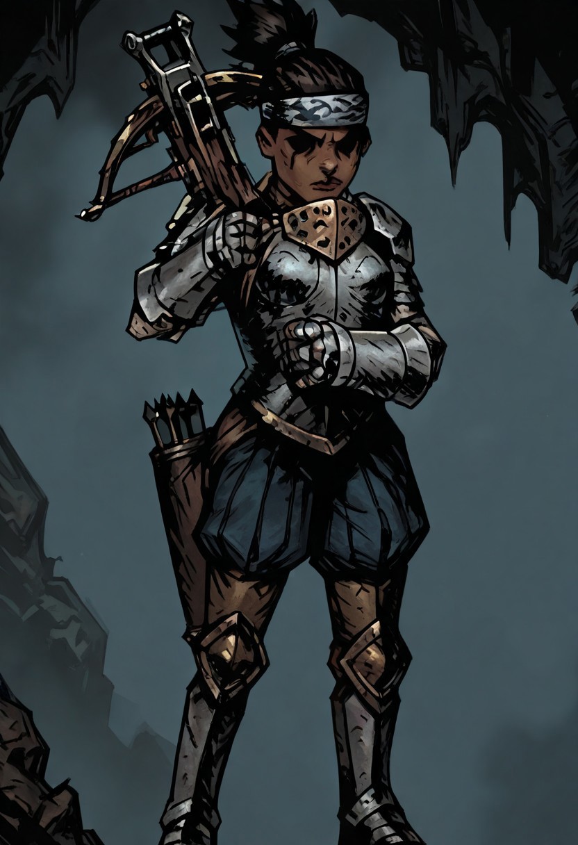 masterpiece, best quality, newest, absurdres, highres, TTCSV1.0, DDstyle, official style,
black eyes, shaded eyes,
1girl, DD-Arba-V1.0, dark-skinned female, dark skin, dredlocks, armor, breastplate, armor, headband, greaves, quiver, ponytail, pauldrons
Crossbow, holding crossbow, weapon, holding weapon, bolt (projectile), arrow (projectile)