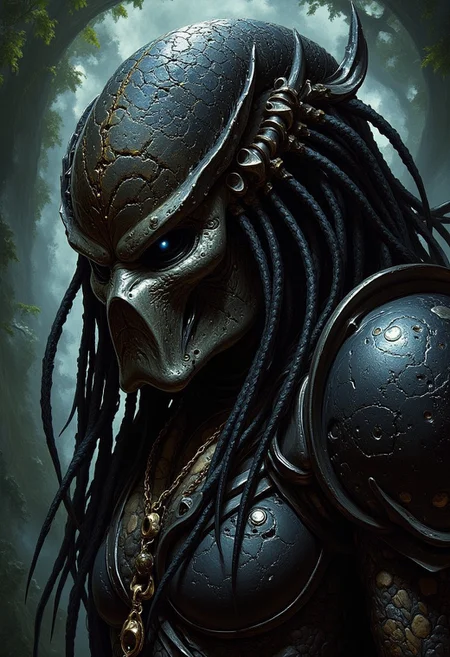 masterpiece, high detail, ArsMJStyle, dnddarkestfantasy, poster art, portrait of predator from the movie (Predator), masterpiece