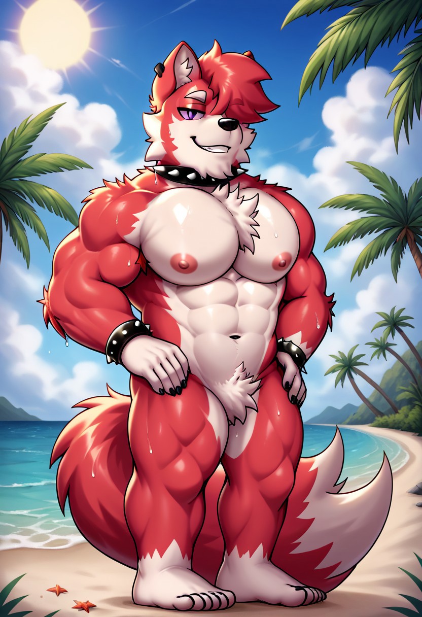 source_furry, score_9, score_8_up, score_7_up, rox (fursona), red fur, black sclera, purple eyes, spiked bracelet, white stomach, white eyebrows, spiked collar, white hands, white feets, black bracelet, black collar, hair covering eye, pink nipples, 5 fingers, 5 digits, 5 toes, absurdres, amazing quality, anthro, armpit hair, athletic, best quality, biceps, biped, black nails, body hair, chest tuft, claws, cloud, countershading, crotch tuft, day, elbow tuft, eyebrows, facial hair, featureless crotch, fingers, fur, head tuft, hires, huge nipples, huge pecs, inner ear fluff, male, two tone body, two tone fur, muscular, muscular anthro, muscular arms, muscular male, nails, navel, nipples, nude, oiled body, outside, pecs, dog boy, shoulder tuft, sky, solo, standing, sweat, sweatdrop, tail, teeth, thick thighs, triceps, tuft, two tone tail, very aesthetic, wet body, wet fur, aroused, bedroom eyes, wet, sun, sunlight, seaside, looking at viewer, beach, sand, full-lenght portrait, holding glass cup, holding cocktail, towel, countershade fur, countershade torso, towel, towel in shoulder, tree, palm tree, navel tuft, detailed background, detailed body, detailed fur, detailed hands, detailed eyes, smirk, teeth showing, shaded, glistening body, glistening fur,