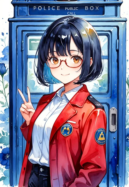 (masterpiece,best quality: 1.2), (very aesthetic: 1.2), 4k, dynamic pose vivid color, deep colors,w4tercol0r, watercolor, painting, traditional media, intricate details, volumetric shadows, Expressiveh, eyes HD, detailed eyes, eyelashes, detailed body, detailed face,clean face, shiny face ,pretty face,(shiny skin: 1.2), oily skin, 1 girl, solo, Sorawo Kamikoshi , (Urasekai Picnic), brown eyes, black hair, short hair, bob cut, glasses, semi-rimless eyewear, under-rim eyewear,red jacket, white shirt, black pants,smile,standing,peace sign,upper body, a strange field, huge flowers,