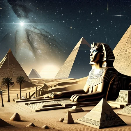 RetroBG, ancient egyptian landscape, starry sky, pyramids, sphinx, mystical, foreboding <lora:RetroLuxe World Morph:1>