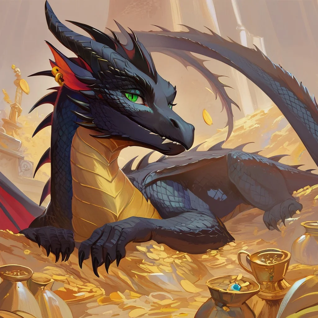 score_9, score_8_up, score_7_up, masterpiece, best quality, newest, absurdres, highres, DragonshoardIL, dragon, treasury, treasury-background, background, gold tresure, golden coins, coins, gold, tresurę chest, jewelry, dragon, black dragon, black scales, green eyes, looking at viewer,