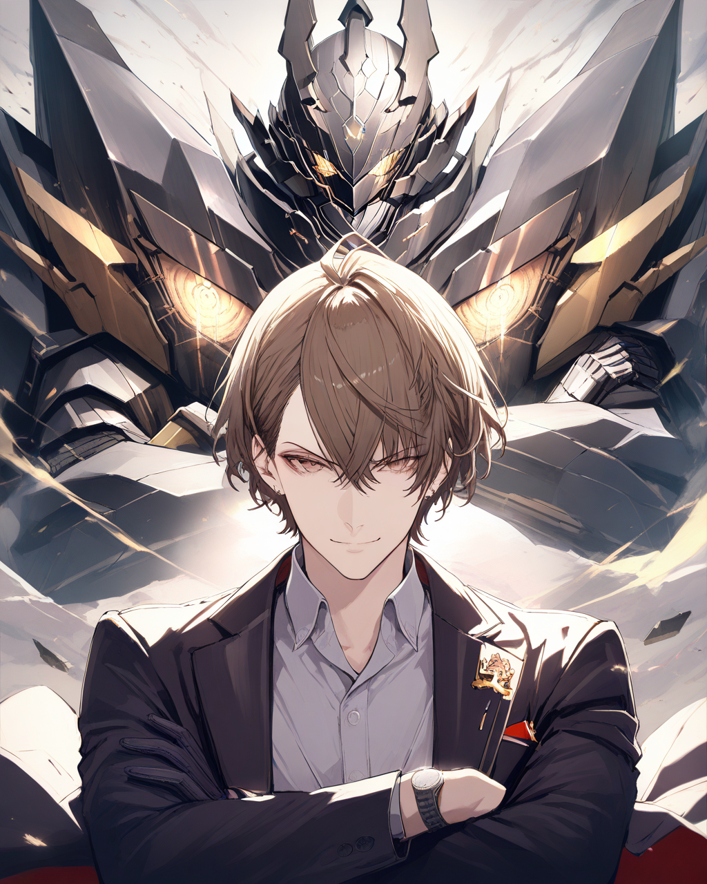 1boy, KagamiHayatoNijisanji, 
safe, male focus, perspective, realistic, upper body, 
gunbuster pose, crossed arms
doyagao, smile,
open jacket,
collared shirt, 
wristwatch,
BREAK
1other, DaikagamiNijisanji, extra eyes, universe, 
<lora:kp_KagamiHayatoNijisanjiAnimagineXL_v1_1:1.0>,
masterpiece, high score, great score, absurdres