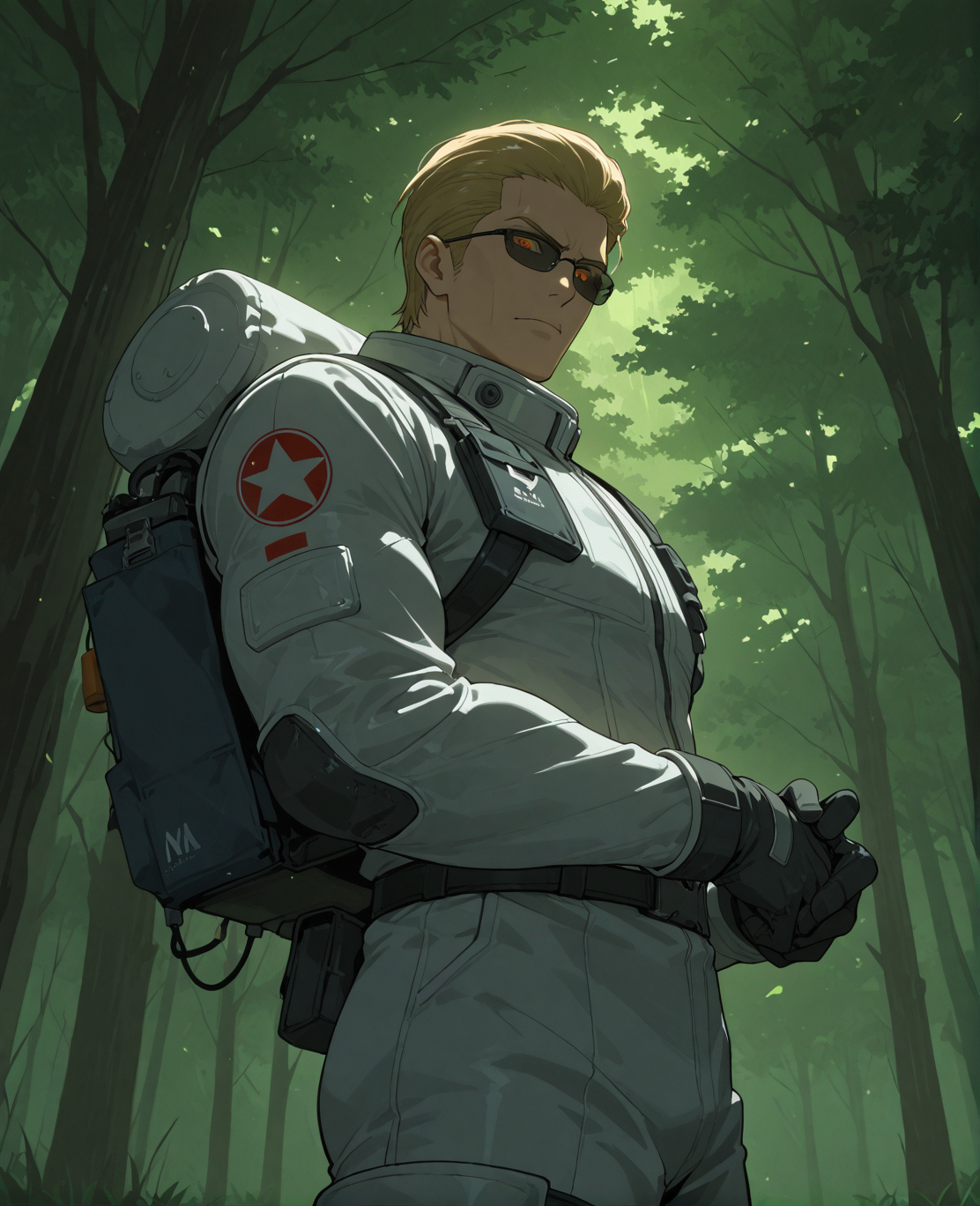 PonyScores7, source_anime, ah, 1IllustriousQual, interesting, exciting, spectacular, wonderful,
BREAK ((from below), (from side), far from viewer),
BREAK <lora:albertwesker-guy-PONYv1:0.8>, albertwesker, 1boy, toned, athletic, fit, mature male,  angular face, sharp_featured face, handsome, charming, alluring, <lora:shinyskin2:0.2>, glistening skin, AS-MidAged,
BREAK slicked back hair, short hair, blonde, <lora:hairdetailpxl:0.2>, hairdetailpxl, 
BREAK slit pupils, orange eyes, <lora:expressive eyes:0.2>, expressive eyes, <lora:eyedetailpxl:0.2>, eyedetailpxl, <lora:Eyes_High_Definition:0.2>, EyesHD,
BREAK (His palm glows with a soft, green light, like the first light of dawn),
BREAK (A serene, moss-covered forest with ancient trees, a gentle stream winding through, and the soft sound of birdsong),
BREAK frustrated, clenched jaw, furrowed brows, <lora:Expressive_H:0.2>, Expressiveh, looking at viewer, <lora:Emotional_Anime_Expressions_PonyXL_Concept:0.2>, emotional, <lora:Best_Facial_Expression_LoRA_PONY:0.2>, <lora:Detailed expressive EXEV style -XL Pony V1.0:0.2>, FaceDetail,
BREAK (white spacesuit is worn and weathered, with mission patches covering his sleeves, His gloves are heavy and well-used, and his reflective helmet is tucked under his arm, the visor scratched from numerous space missions), (sunglasses:1.3), 
BREAK <lora:xl_more_art-full_v1:0.2>, <lora:aesthetic_anime_v1s:0.2>, <lora:EpicF4nta5yXL:0.2>, <lora:detailxl:0.2>, detailxl, <lora:Fant5yP0ny:0.2>, best quality, amazing quality, best aesthetic, absurdres, illustration, Volumetric_Lighting, ultra-detailed, very aesthetic, intricate details, 8k, masterpiece, best_quality,
BREAK Stable_Yogis_PDXL_Positives, AS-Adult, <lora:Complicated fantasy portrait - XL Pony V2.0:0.2>, bad-hands-5, <lora:HDA_Detailer:0.3>,