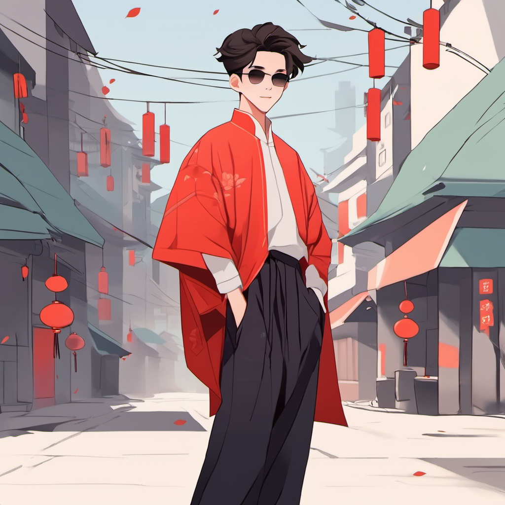 1boy, handsome, minimalismï¼ chinese chothes, street, cool <lora:minimalism:1>