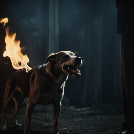 cinematic film still of <lora:Fright Night 1985 style v2:1>
In the 1980's Zombie Skeleton creature monster a dog with a fire in its mouth, skeleton on fire, solo,1boy , horror themed, dark themed, low key light, dramatic light, dramatic shadow light, contrast, cinematic color, cinematic look, filmic, realistic, realism, perfection, perfect, Kodak, Kodak film, movie still, Fright Night 1985 style, Fright Night Film style, shallow depth of field, vignette, highly detailed, high budget, bokeh, cinemascope, moody, epic, gorgeous, film grain, grainy