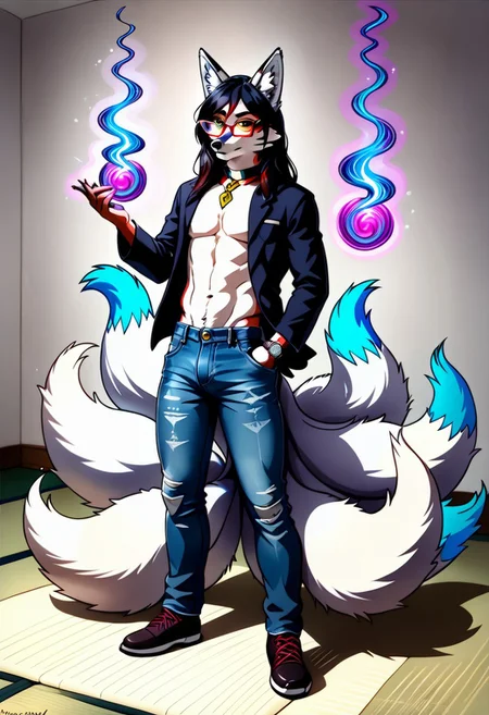 safe_pos, {((1male:2.0)), furry, fox, ((kitsune:2.0)), white fur, long hair, dark hair, blue highlight in hair, fox ears, glasses, nerdy, fox tails, denim jeans, shirtless, thin build, androgynous, hypnotist, holding pocket watch, corruption magic, dark magic, student, on college campus, full body render, }
FurryDalle, cartoon, high quality,