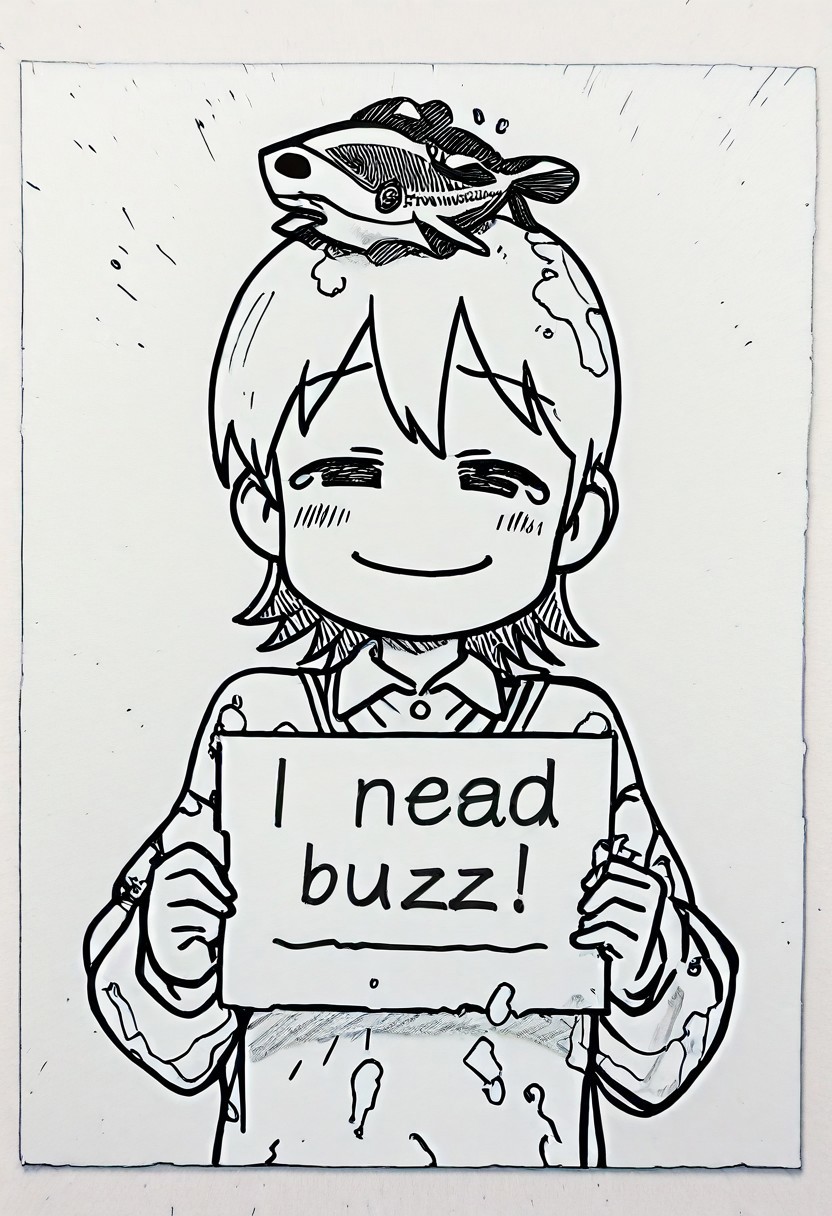 masterpiece, best quality, amazing quality, high quality, masterpiece, 
Aioi Yuuko, tilting head, smug, dead fish on head, 
StainedArt_IL, sketch, paint splatter, Spill Art, coffee spill art, dissolving, stainedart_il
need_buzz, holding sign that says "need buzz"