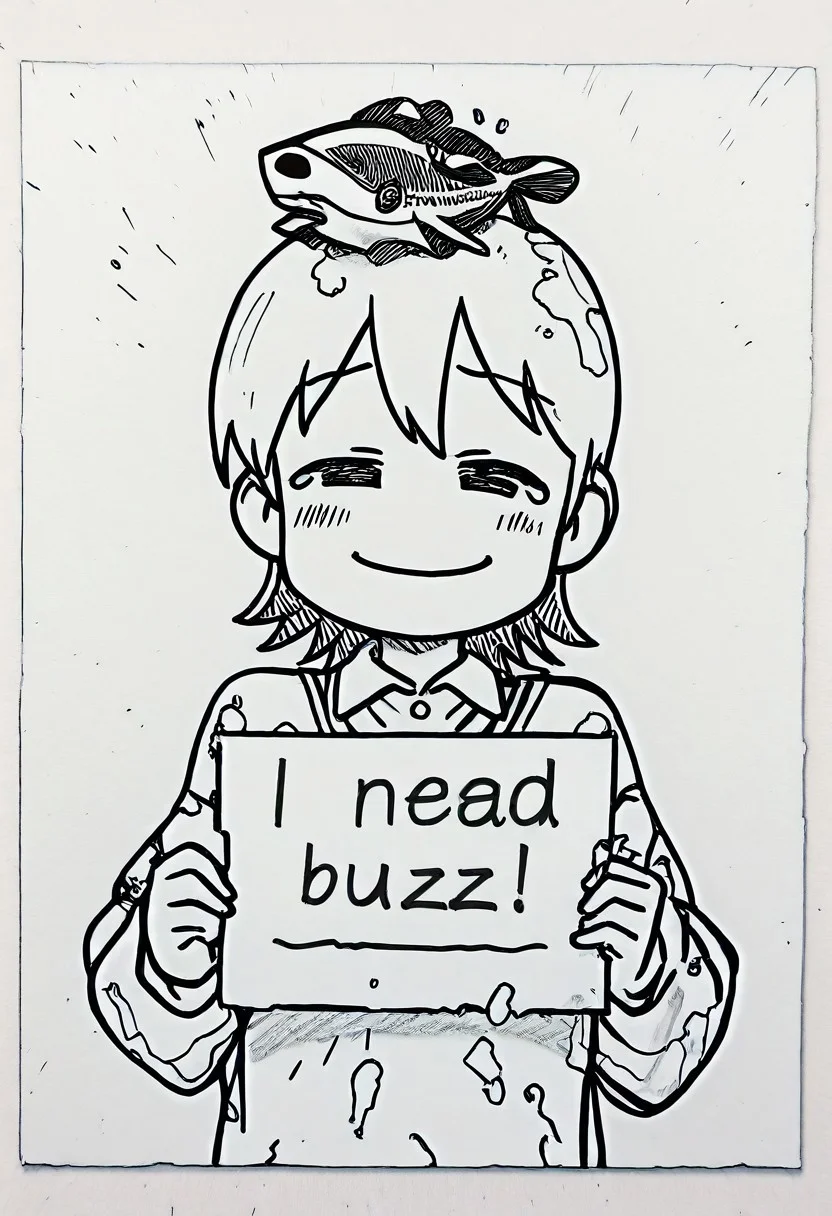 masterpiece, best quality, amazing quality, high quality, masterpiece,
Aioi Yuuko, tilting head, smug, dead fish on head,
StainedArt_IL, sketch, paint splatter, Spill Art, coffee spill art, dissolving, stainedart_il
need_buzz, holding sign that says "need buzz"
