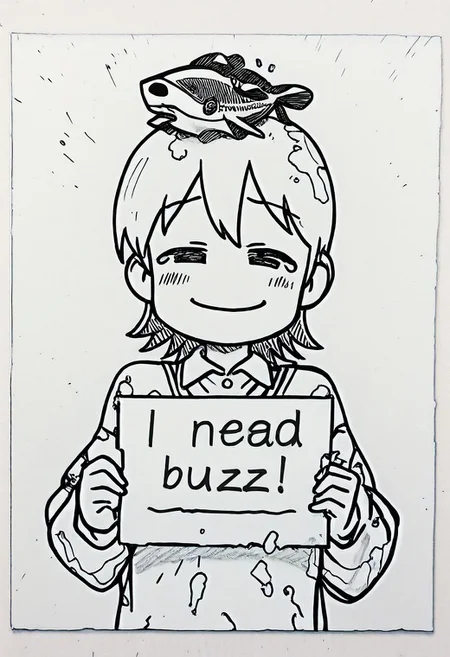 masterpiece, best quality, amazing quality, high quality, masterpiece,
Aioi Yuuko, tilting head, smug, dead fish on head,
StainedArt_IL, sketch, paint splatter, Spill Art, coffee spill art, dissolving, stainedart_il
need_buzz, holding sign that says "need buzz"