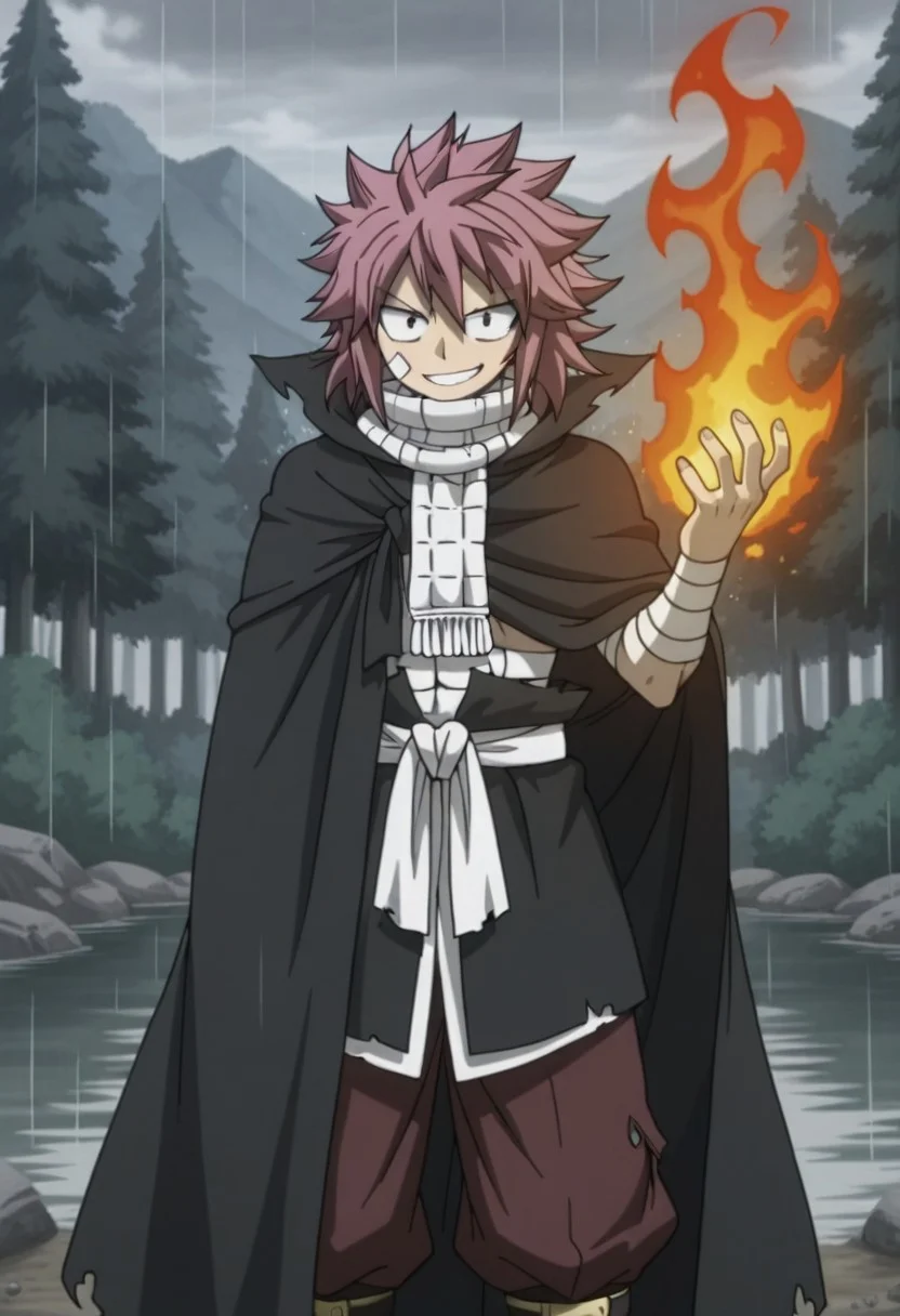 masterpiece, best quality, amazing quality, (masterpiece, best quality, absurdres, detailed,perfect quality, amazing quality, newest, ultra-detailed:1.2), extremely detailed, distortion-free, illustration, (smooth lines,),natsu Dragneel, spiked hair,medium hair, bangs, hair between the eyes, onyx eyes, pink hair,muscular_body, shinny body, shinny skin, anime screencap, anime coloring,white_scarf, bandages, cloak, white_sash,brown_pants, black_cape,hood, Relaxed posture, one hand up, fire magic, smiling,1man, solo, Forest, water, rain, steam