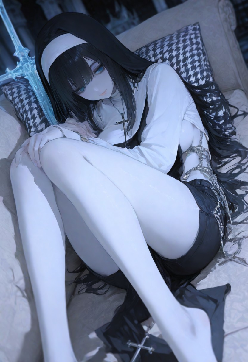 (4k,8k,Ultra HD), masterpiece, best quality, ultra-detailed, very aesthetic, sharp focus, depth of field, ray tracing, best lighting, detailed illustration, detailed background, cinematic, beautiful face, beautiful eyes, soft eyes
BREAK
ambient occlusion, raytracing, soft lighting, blum effect, masterpiece, absolutely eye-catching, white skin
BREAK
masterpiece, amazing quality, best quality, ultra-detailed, 8K, illustrating, CG, clear skin, ultra-detailed-eyes, detailed background, nun, dark nun, elemental sword, large breast, revealing outfit, outside, castle, moonlight, hanging on a cross, A girl lying on a beige sofa with her legs raised and resting against a plain white wall. She is wearing a white long-sleeve shirt and black shorts. Her head is resting on her arm, and her long dark hair flows down. There is a houndstooth-patterned pillow and a plain white pillow beside her. Minimalist interior with neutral tones, soft lighting, and a peaceful, calm atmosphere. Realistic style, soft shadows, A girl lying on a beige sofa with her legs raised and resting against a plain white wall. She is wearing a white long-sleeve shirt and black shorts. Her head is resting on her arm, and her long dark hair flows down. There is a houndstooth-patterned pillow and a plain white pillow beside her. Minimalist interior with neutral tones, soft lighting, and a peaceful, calm atmosphere. Realistic style, soft shadows, cozy home aesthetic.
