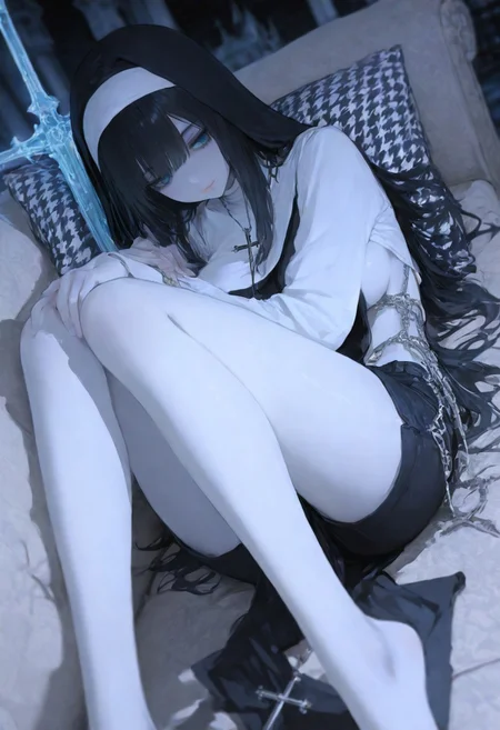 (4k,8k,Ultra HD), masterpiece, best quality, ultra-detailed, very aesthetic, sharp focus, depth of field, ray tracing, best lighting, detailed illustration, detailed background, cinematic, beautiful face, beautiful eyes, soft eyes
BREAK
ambient occlusion, raytracing, soft lighting, blum effect, masterpiece, absolutely eye-catching, white skin
BREAK
masterpiece, amazing quality, best quality, ultra-detailed, 8K, illustrating, CG, clear skin, ultra-detailed-eyes, detailed background, nun, dark nun, elemental sword, large breast, revealing outfit, outside, castle, moonlight, hanging on a cross, A girl lying on a beige sofa with her legs raised and resting against a plain white wall. She is wearing a white long-sleeve shirt and black shorts. Her head is resting on her arm, and her long dark hair flows down. There is a houndstooth-patterned pillow and a plain white pillow beside her. Minimalist interior with neutral tones, soft lighting, and a peaceful, calm atmosphere. Realistic style, soft shadows, A girl lying on a beige sofa with her legs raised and resting against a plain white wall. She is wearing a white long-sleeve shirt and black shorts. Her head is resting on her arm, and her long dark hair flows down. There is a houndstooth-patterned pillow and a plain white pillow beside her. Minimalist interior with neutral tones, soft lighting, and a peaceful, calm atmosphere. Realistic style, soft shadows, cozy home aesthetic.