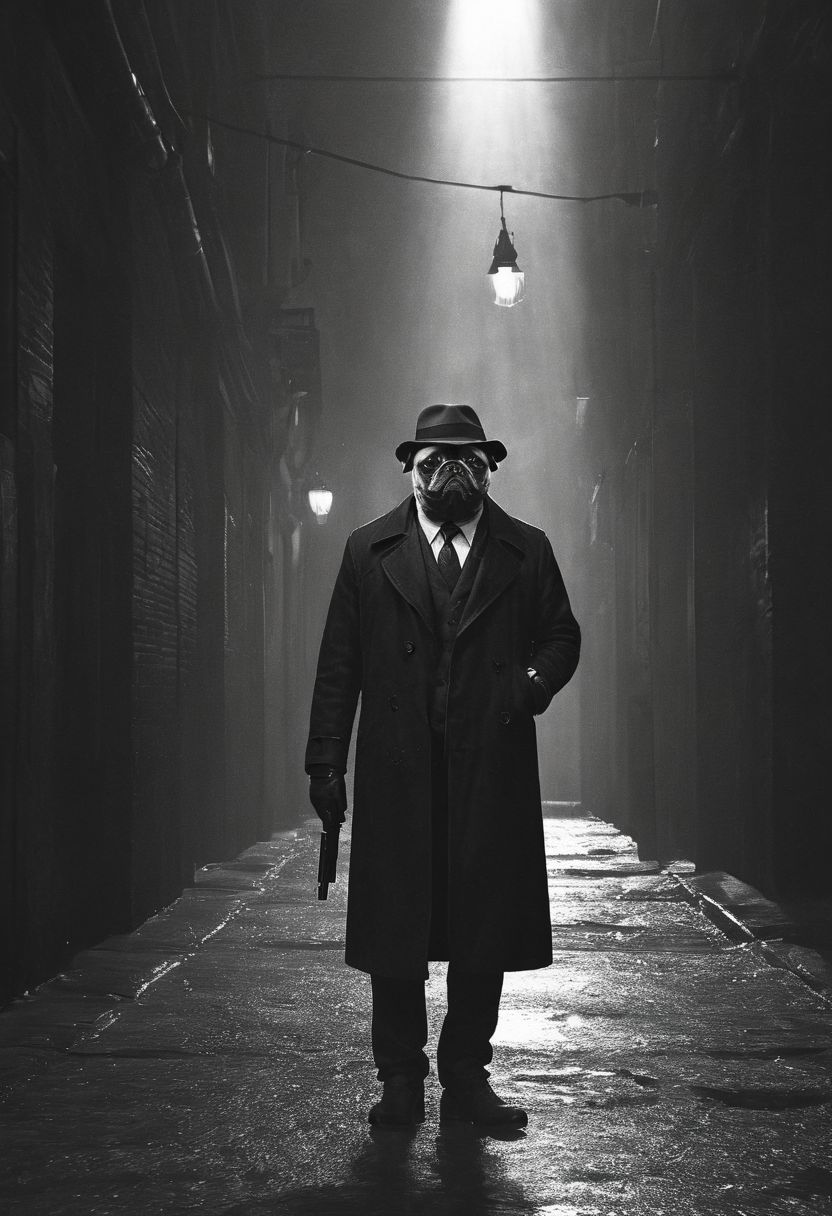 bw, grayscale, (anthropomorphic-pug: 1.59) noir detective in Los Angeles,, Volumetric lighting, concept art, sharp focus, digital art <lora:xl_more_art-full_v1:0.8> <lora:Into_Darkness:0.8>, fedora, smokey, trench-coat, standing in wet alley, brick walls, holding revolver