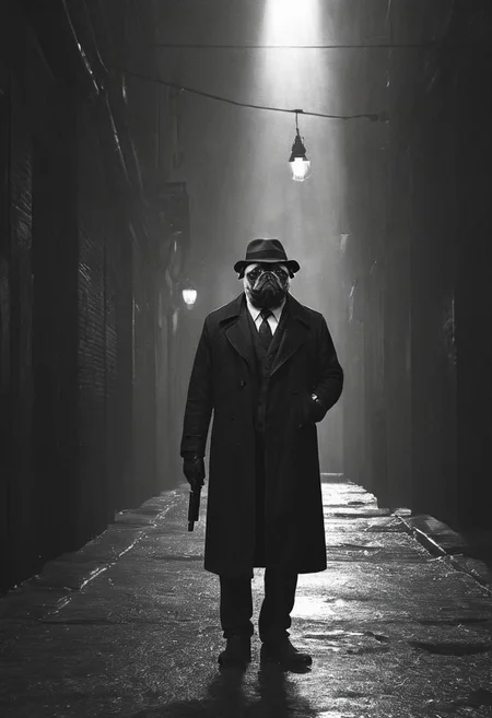 bw, grayscale, (anthropomorphic-pug: 1.59) noir detective in Los Angeles,, Volumetric lighting, concept art, sharp focus, digital art <lora:xl_more_art-full_v1:0.8> <lora:Into_Darkness:0.8>, fedora, smokey, trench-coat, standing in wet alley, brick walls, holding revolver