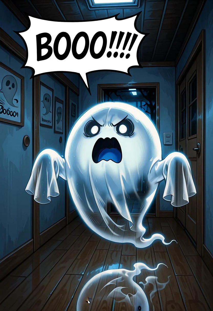 embedding:IllusP0s, speech bubble, BOOO!!!, o-shaped mouth, ghost, transparent, solo, indoors,