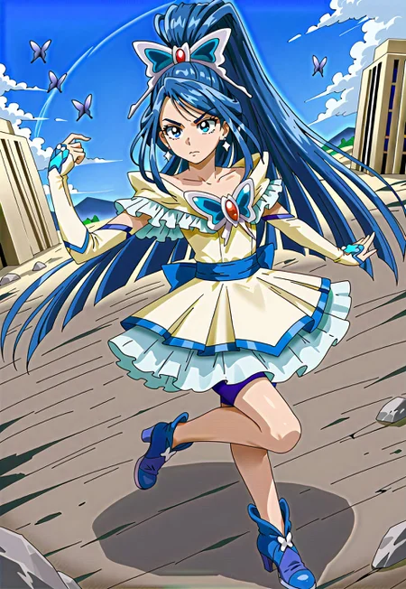 (masterpiece:1.3), (high quality:1.3),(1girl: cureaqua,blue hair,wide ponytail,long hair,blue eyes,earring,white dress,blue back bow,blue sash,bare shoulders,butterfly hair ornament,butterfly brooch,white elbow gloves,fingerless gloves,blue shorts,blue shoes,,),sky,battle.angry,