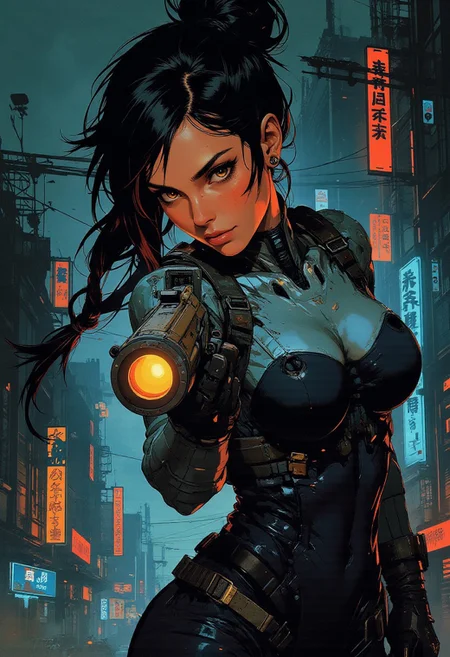 magnificent, closeup portrait, female bounty hunter, braided black hair, futuristic armor, bodysuit, armor plating, cybernetic equipment, sexy, curvy, large breasts, large ass, aiming an assault rifle, assault rifle, aiming rifle, holstered pistol, Cyberpunk City, Neon Lights, foreshortening,
solo, 
Cowboy Shot, close up, from above,