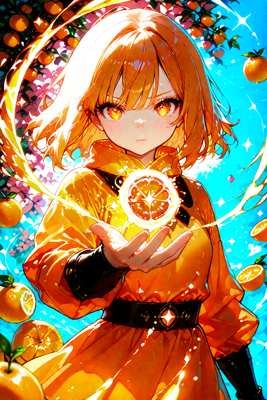 spell bind, 1girl, cinematic angle, solo, 1girl, orange hair, orange dress, orange \(fruit\), sparkle, Depth of field, finely detail, cinematic shadows, vibrant, high contrast, energy fruit, (Cute, kawaii), [(colorful background:1.5)::0.1], (Fruit background:1.2), very aesthetic, amazing quality, illustration, incredibly absurdres, ultra detailed, masterpiece, best quality, people, characters, copyright, style, general tags, intricate details, good quality, newest, detailed background, beautiful detailed, beautiful face, blight face, large pupil, eyelashes, brilliant skin, shiny skin, perfect hand, <lora:SpellBindPony:1> <lora:ponyv4_noob1_2_adamW:1.0> <lora:enhancerV4-pony:1> <lora:blood_orange_world_morph_sdxl:1>