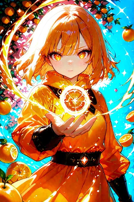 spell bind, 1girl, cinematic angle, solo, 1girl, orange hair, orange dress, orange \(fruit\), sparkle, Depth of field, finely detail, cinematic shadows, vibrant, high contrast, energy fruit, (Cute, kawaii), [(colorful background:1.5)::0.1], (Fruit background:1.2), very aesthetic, amazing quality, illustration, incredibly absurdres, ultra detailed, masterpiece, best quality, people, characters, copyright, style, general tags, intricate details, good quality, newest, detailed background, beautiful detailed, beautiful face, blight face, large pupil, eyelashes, brilliant skin, shiny skin, perfect hand, <lora:SpellBindPony:1> <lora:ponyv4_noob1_2_adamW:1.0> <lora:enhancerV4-pony:1> <lora:blood_orange_world_morph_sdxl:1>