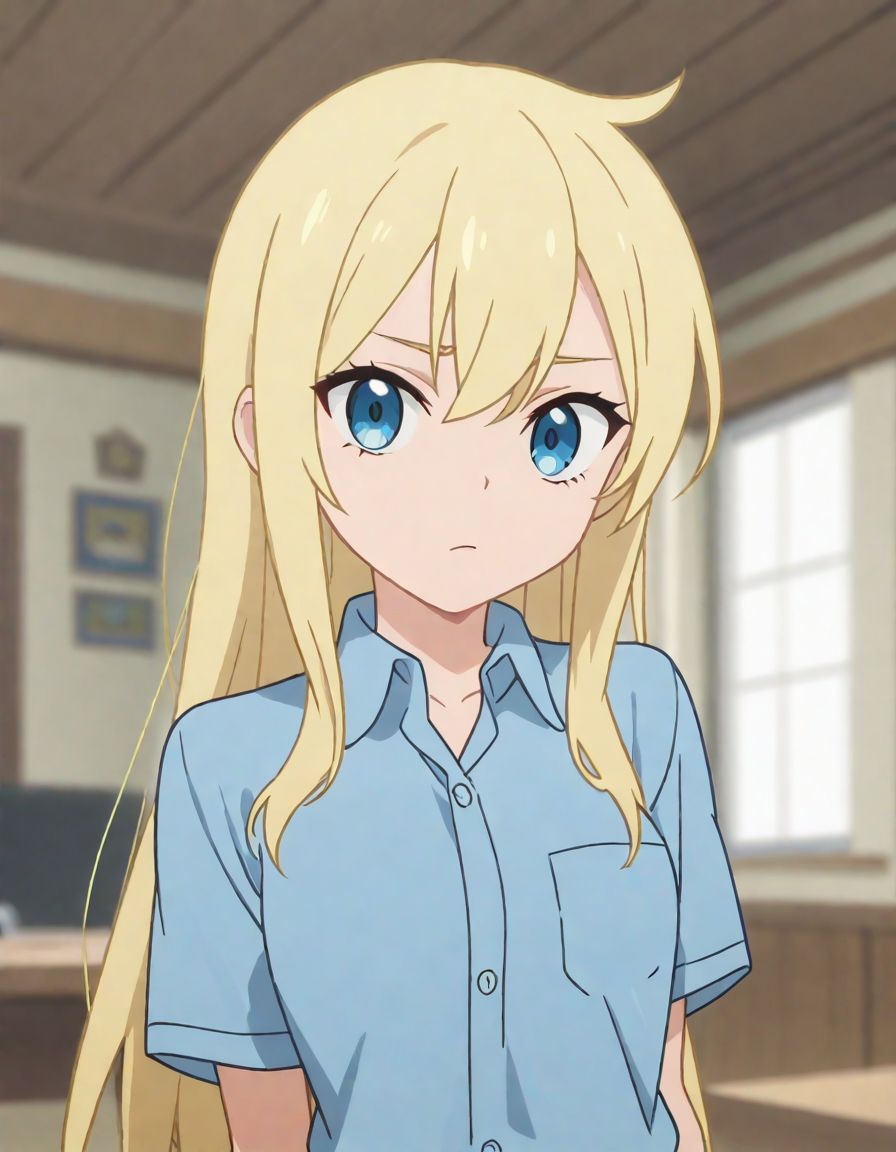1girl , looking at viewer , blue shirt, collared shirt, miniskirt , blurry background , blonde hair , hand behind back
, scrore_9, score_8_up, score_7_up, screencap
 <lora:rou:1>