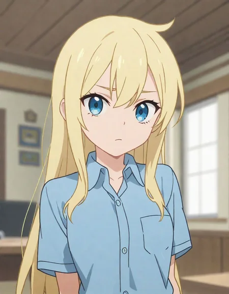 1girl , looking at viewer , blue shirt, collared shirt, miniskirt , blurry background , blonde hair , hand behind back
, scrore_9, score_8_up, score_7_up, screencap
<lora:rou:1>