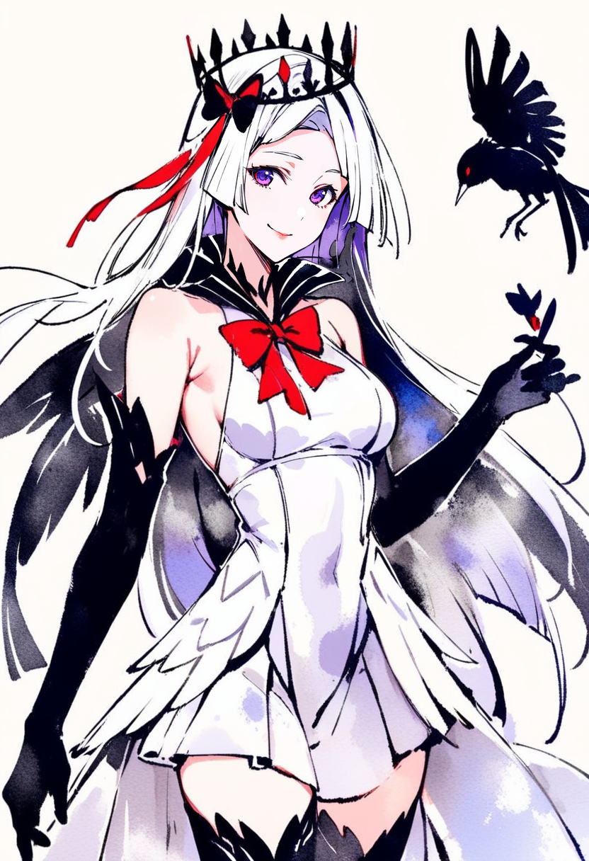 masterpiece, best quality,<lora:inkXL_ANI31_lokr_V43P1:0.95>monochrome, watercolor, 1girl, brynhildr \(fate\), bird, gloves, dress, elbow gloves, long hair, bow, purple eyes, black gloves, white hair, smile, solo, very long hair, crown, looking at viewer, bare shoulders, breasts, multicolored hair, white dress, red bow, cowboy shot, bird on hand, animal, closed mouth, hair bow, medium breasts, thighhighs, sleeveless, hair ornament