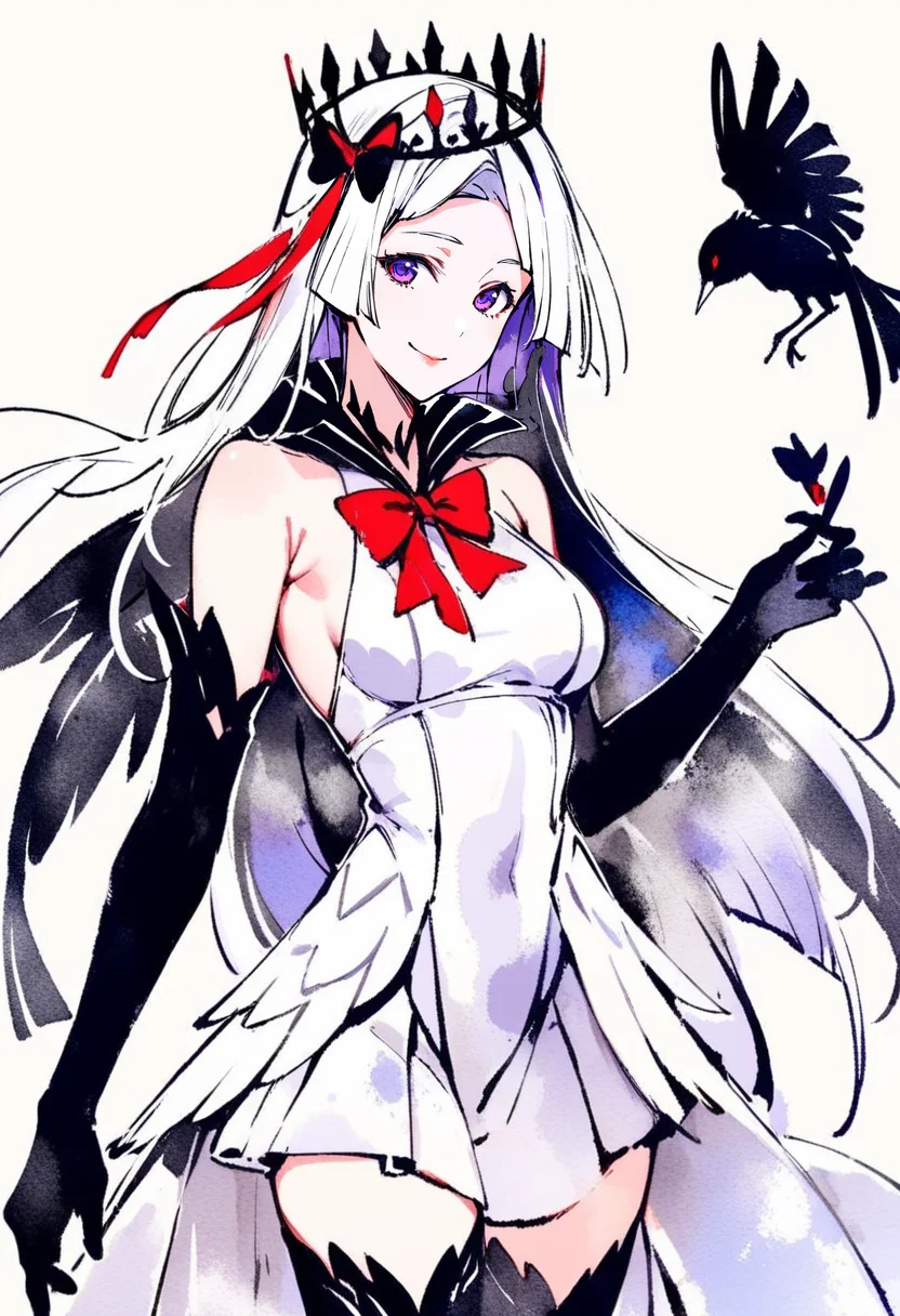 masterpiece, best quality,<lora:inkXL_ANI31_lokr_V43P1:0.95>monochrome, watercolor, 1girl, brynhildr \(fate\), bird, gloves, dress, elbow gloves, long hair, bow, purple eyes, black gloves, white hair, smile, solo, very long hair, crown, looking at viewer, bare shoulders, breasts, multicolored hair, white dress, red bow, cowboy shot, bird on hand, animal, closed mouth, hair bow, medium breasts, thighhighs, sleeveless, hair ornament