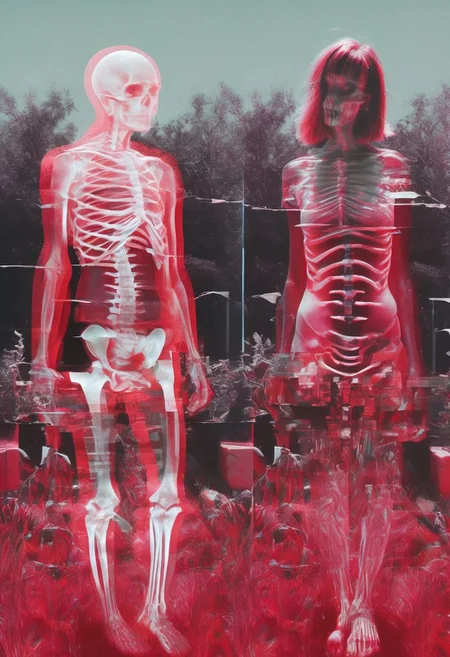 hyper realism, IR photo, light leaks, (split screen overlay , x-ray view:1.3), , , double exposure , , (glitched image:1.2), , , a glitched out portrait of a red skin demon girl walking through a graveyard , pixelation , sinusoidal distortions, screen tear, , post modern deconstruction , molecular view , vibrational spiral signals, (rose garden overlay, split screen image:1.1), abstractions, experimental ,<lora:xray:1> <lora:rg3.0:.8>