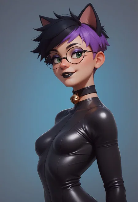 (Realistic Lighting:1.0), score_9, score_8_up, score_7_up, score_6_up, score_5_up, score_4_up score_9,score_8_up,
masterpiece, 1girl, (sexy 18 year old tomboy, perfect body, fair skin, green eyes, cute face, freckles, small breasts, long legs, choker, black lipstick, purple eyeshadow, eyeliner, mascara, firm butt, round ass, smile, black hair, glasses,
two-tone hair, purple IncursioDipDyedHair, pixie cut purple hair)
zPDXL, source_comic, cat ears, gold bell choker, leather catsuit, claws, seductive look, eyelashes
