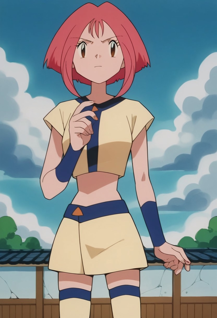 score_9,score_8_up,score_7_up,score_6_up, easynegative, negative_hand, source_anime, 
standing outside, sky, clouds, solo, medium shot, looking at viewer, front view, cowbot shot
pkmnchigusa, 1girl, pink hair, short hair, brown eyes,
very pale orange crop top, blue wristbands, very pale orange skirt, red shorts, very pale orange thighhighs boots