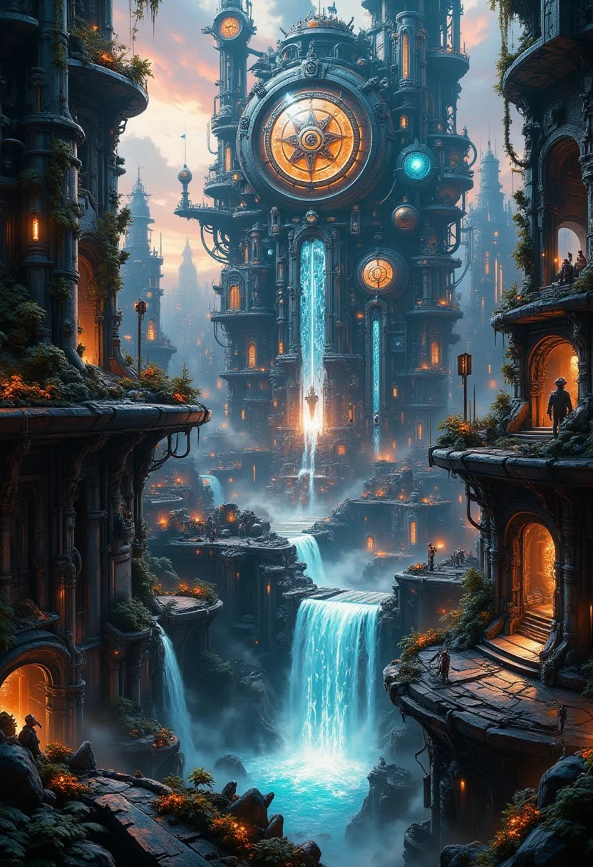 aidmaimageupgrader, fantasy cityscape inspired by cyberpunk and Art Nouveau, towering industrial structures with intricate ornamental details, glowing sigils on metallic surfaces, cascading energy streams like waterfalls, twilight backdrop with bioluminescent flora in shades of black and orange, bold contrasts, rich textures, moody cinematic lighting, and a blend of magical realism with industrial grit,