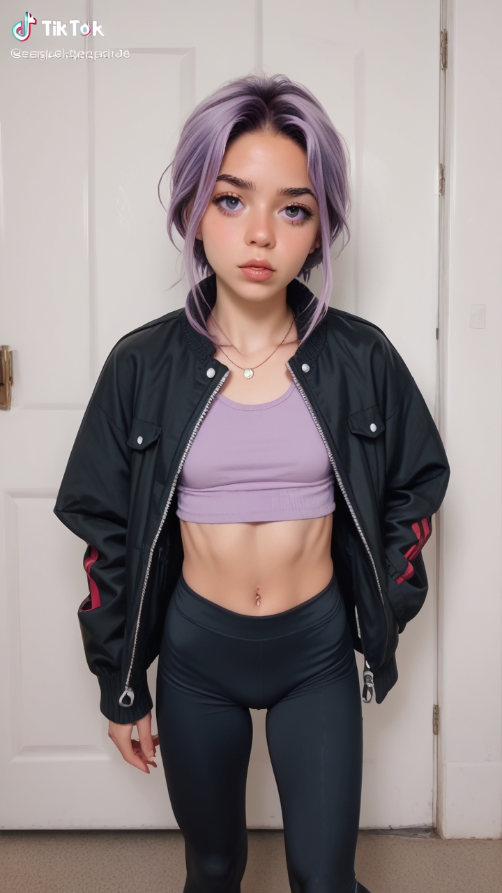t1kt0k50ld, Puffer Jacket + Leggings chastity bra 1girl, tight clothes, skinny purple hair ,from above <lora:ttokgirls:1>, score_9, score_8_up, score_7_up, BREAK\,rating_explicit,