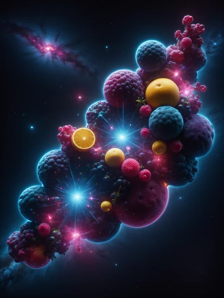 mad-frts space nebula, constellations, neon, fruits <lora:Neon_Fruits_Style_SDXL:0.8>, masterpiece, best quality, ultra high res, (photorealistic, realistic:1.2), deep shadow, raw photo, film grain, Fujifilm XT3, 8k uhd, dslr