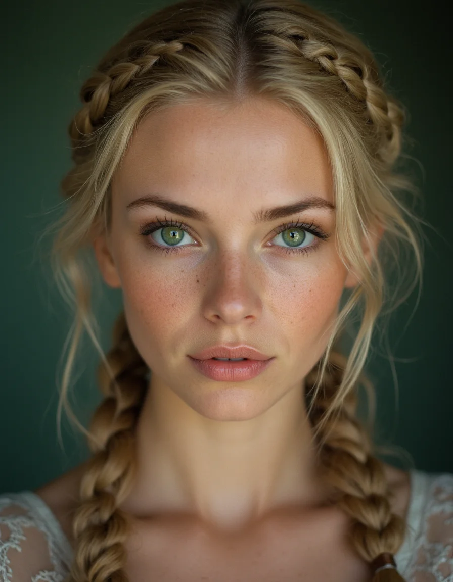 A striking woman with emerald green eyes,Fishtail braid,Blond,selfie,,intricately detailed masterpiece sharp and fine,Kodak portra 800,spotlit,<lora:real-lora:1>