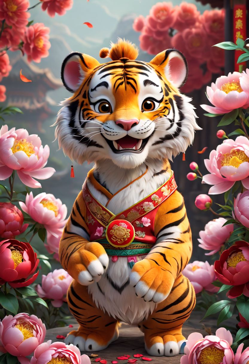 Pixar style tiger cub, cute little one, dressed as a legendary Chinese god, Chinese New Year, peonies, smile, high detail, photorealism, 8k