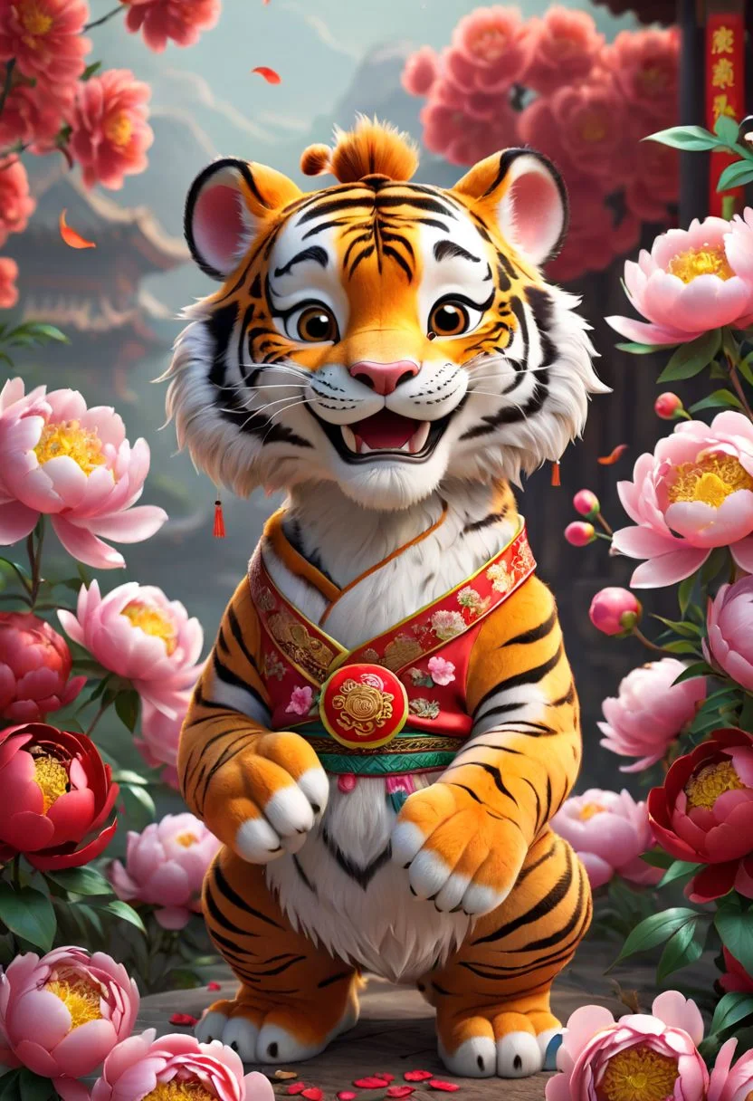 Pixar style tiger cub, cute little one, dressed as a legendary Chinese god, Chinese New Year, peonies, smile, high detail, photorealism, 8k