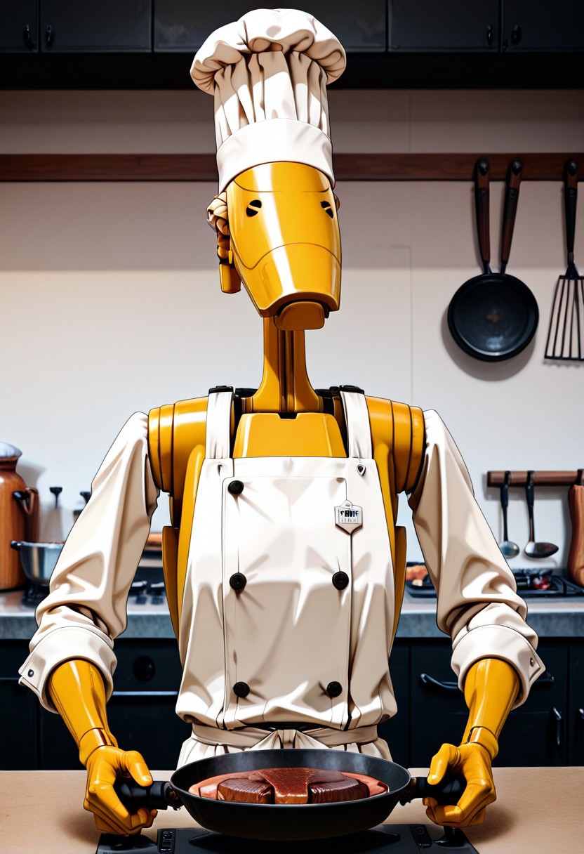 Masterpiece, absurdres, highest quality, highly detailed, newest, 8k, anime style, solo, b1bd, cl4nker, short blonde hair, chef apron, chef hat, cooking steak, detailed kitchen, holding frying pan, no humans, kitchen background, detailed background,